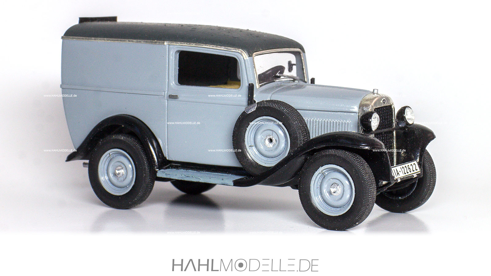 Opel 1,2 Liter Lieferwagen, Kastenwagen, grau-schwarz, Code-3 (Basis Ixo), hahlmodelle.de