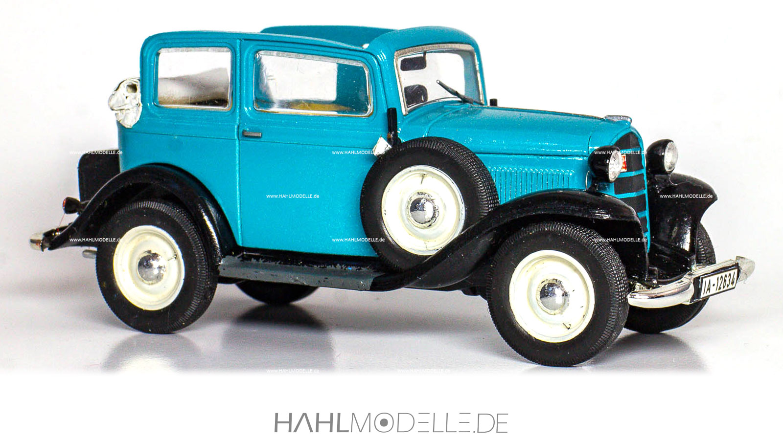 Opel P4 Cabrio-Limousine, türkis-schwarz, Code-3 (Basis Ixo), hahlmodelle.de