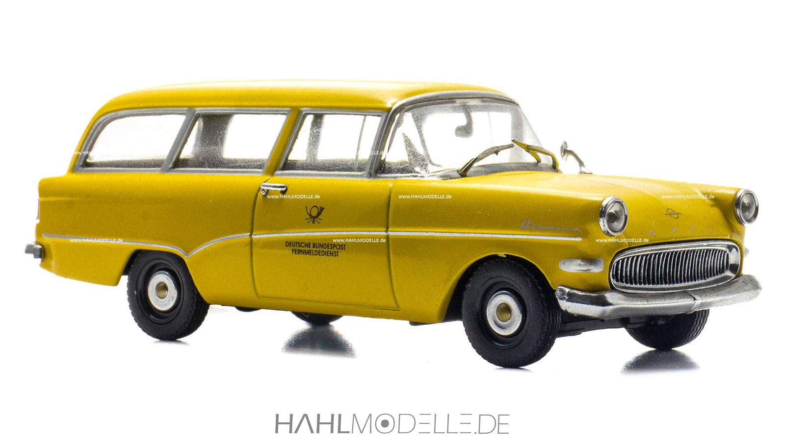 Opel Olympia Rekord P1, CarAVan, Kombi, Post, gelb, Minichamps, hahlmodelle.de