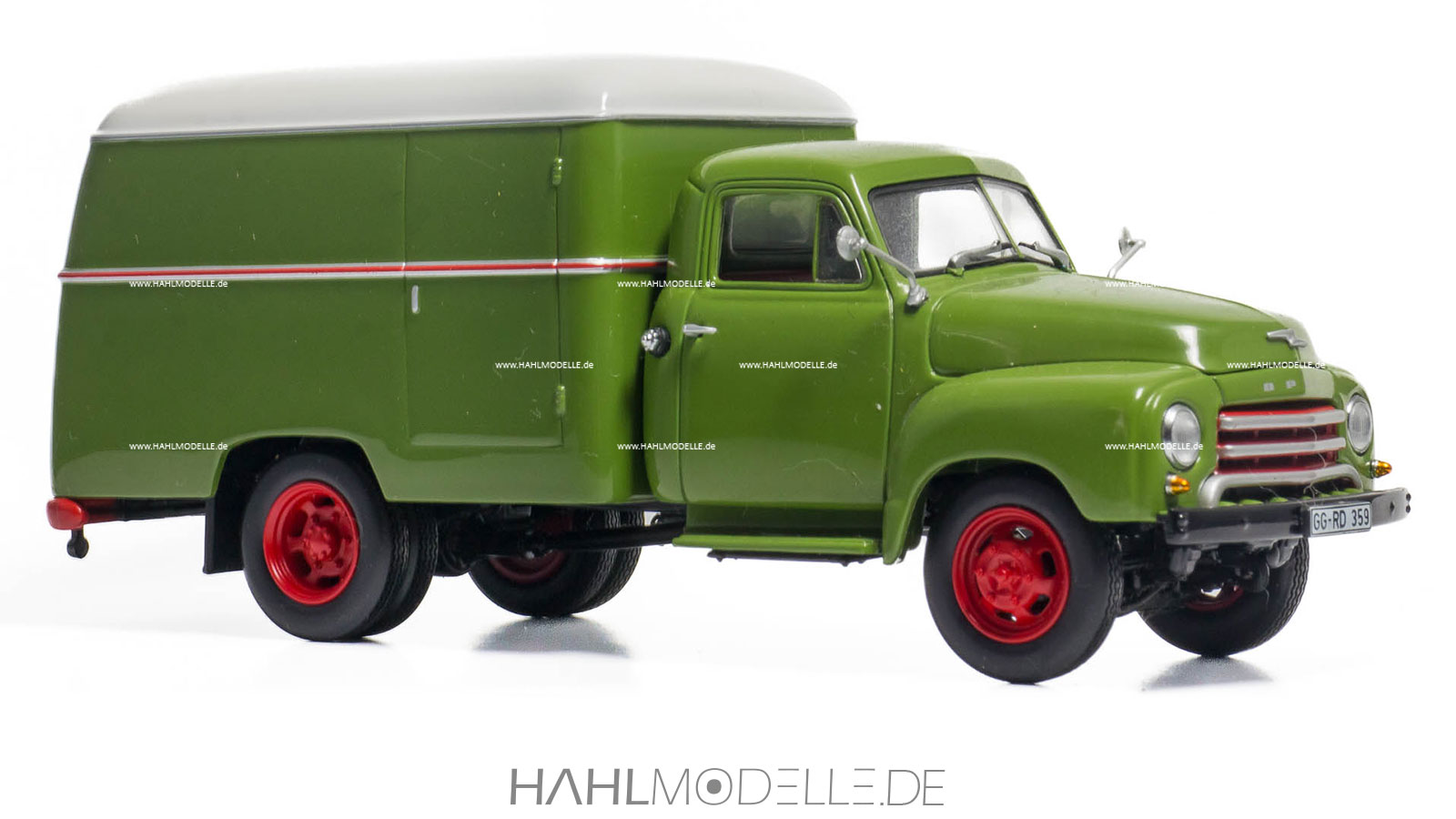 Opel Blitz 1,75 to, Kofferwagen, grün-weiß, Minichamps, hahlmodelle.de