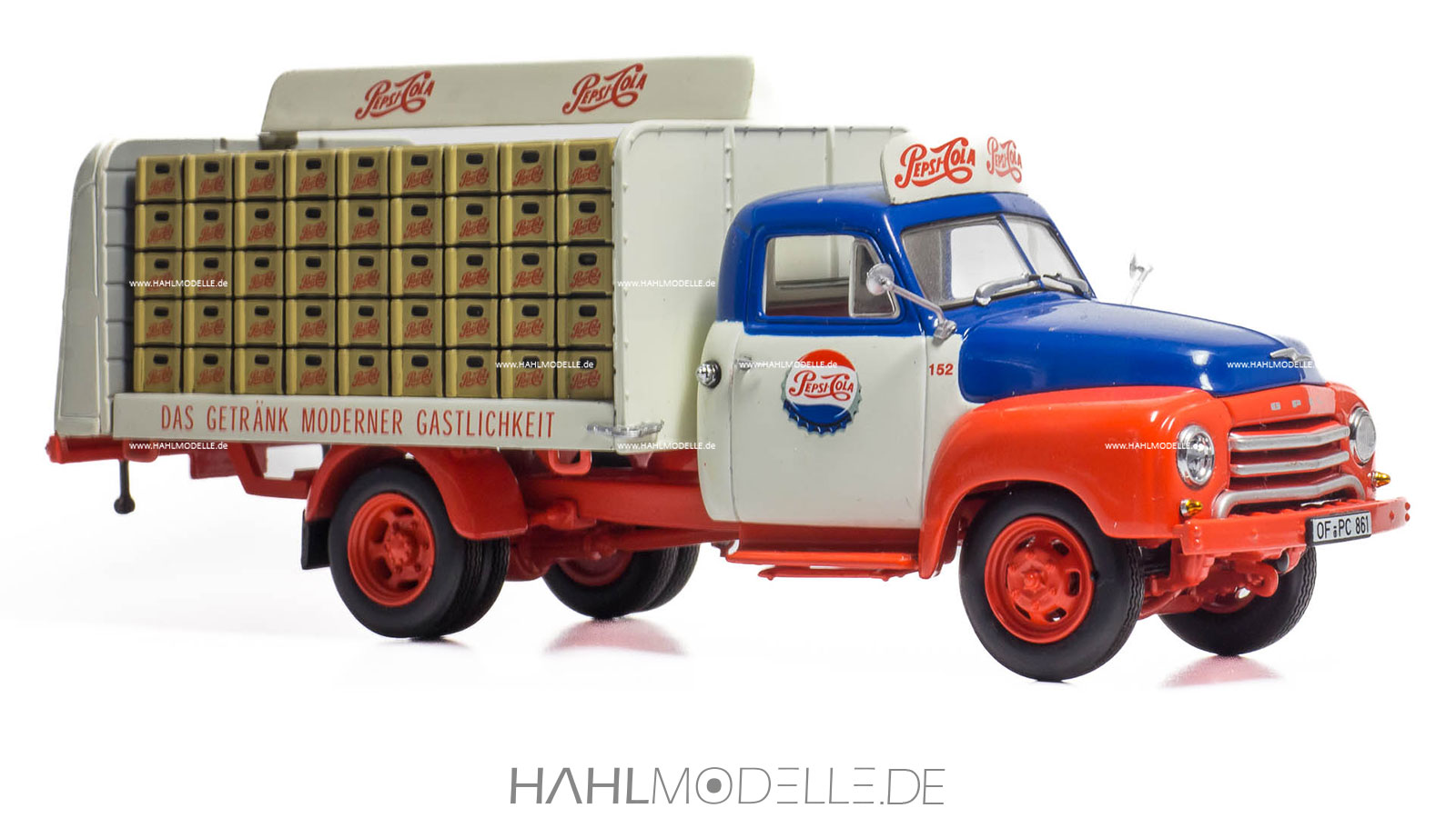 Opel Blitz 1,75 to, Pritsche/Getränkelieferwagen, blau-weiß-rot, Minichamps, hahlmodelle.de