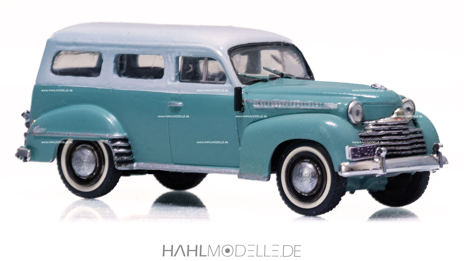 Opel Olympia 1951, Kombi (Miesen), türkis-weiß, Code-3 (Basis: Ixo), hahlmodelle.de