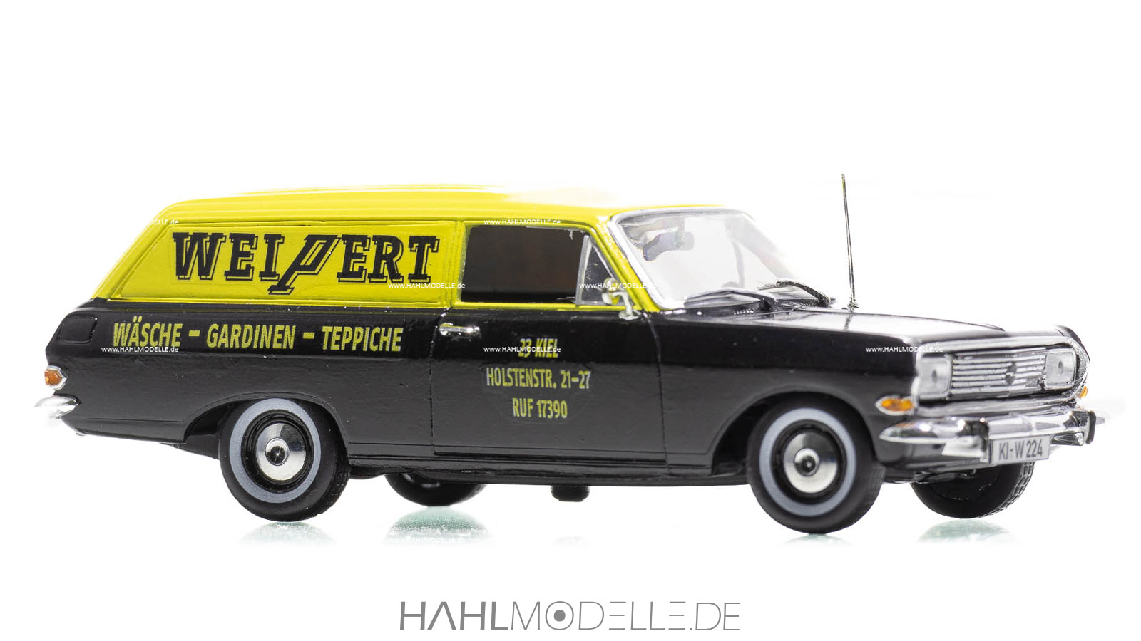 Opel Lieferwagen Rekord B, Kastenwagen, schwarz-gelb, Code-3 (Basis Minichamps und Ixo), hahlmodelle.de