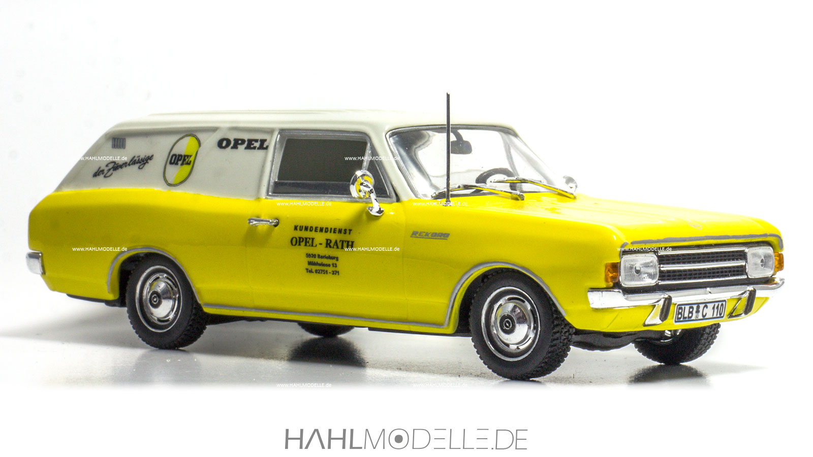 Opel Lieferwagen Rekord C, Kastenwagen, gelb/weiß, Code-3 (Basis Minichamps), hahlmodelle.de