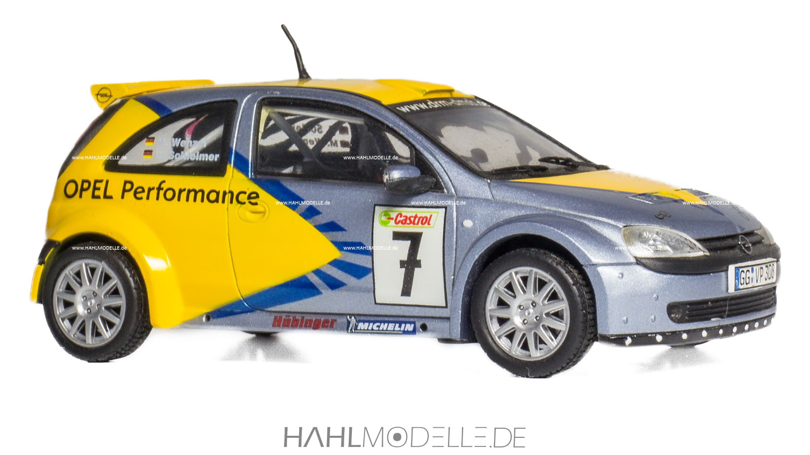 Opel Corsa C Super 1600 Rallye, Motorsport, Schrägheck-Limousine, silber/gelb, Schuco, hahlmodelle.de