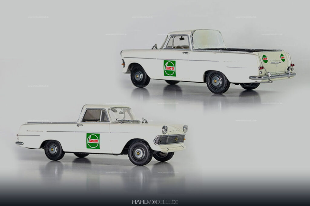 Opel Rekord P2, PickUp Plane/Spriegel, weiß/grün/grau, Code-3 (Basis: Minichamps), hahlmodelle.de