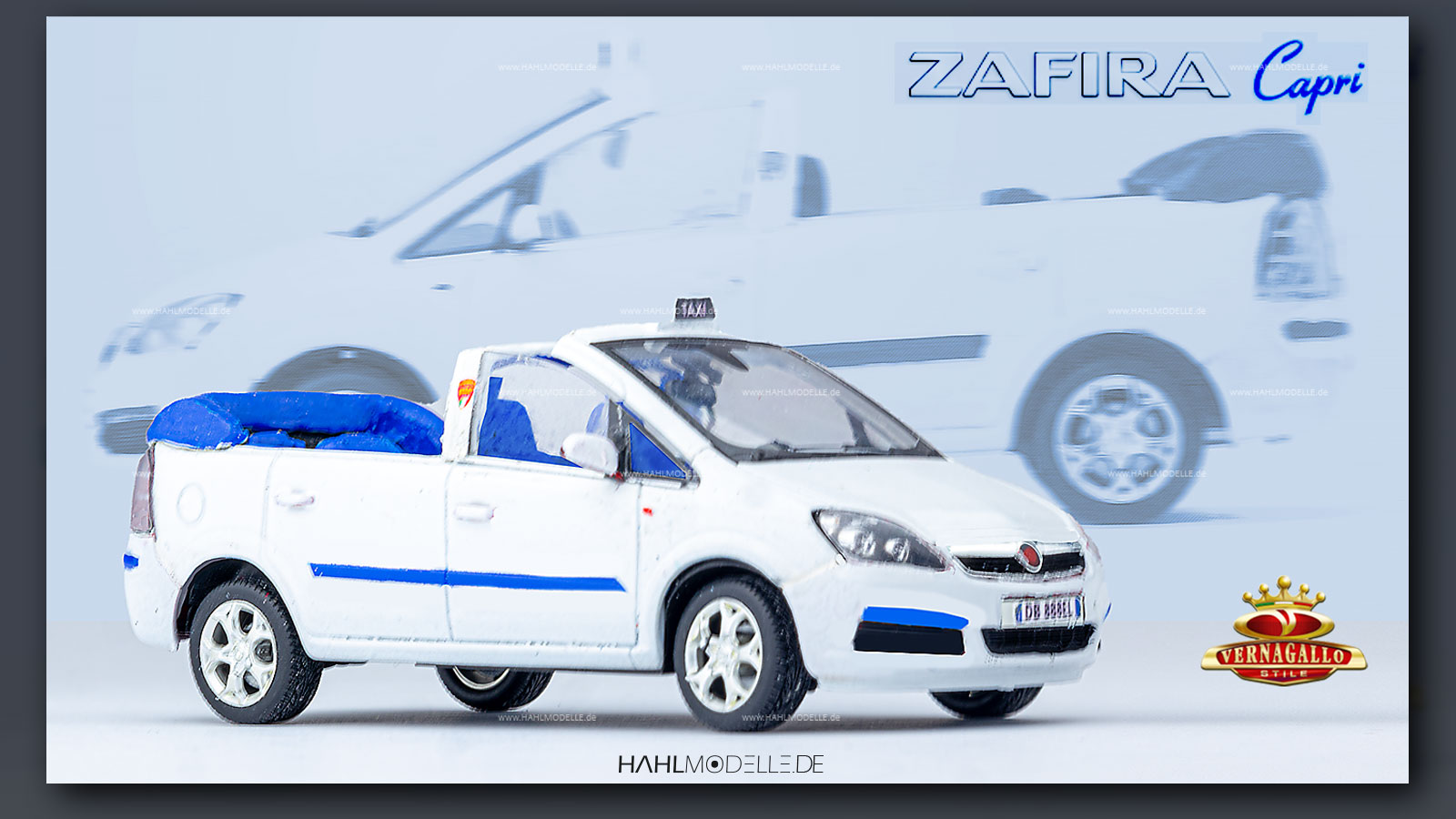 Opel Zafira B „Capri“ (Vernagallo), Cabriolet, weiß/blau, Code-3 (Basis: Minichamps), hahlmodelle.de