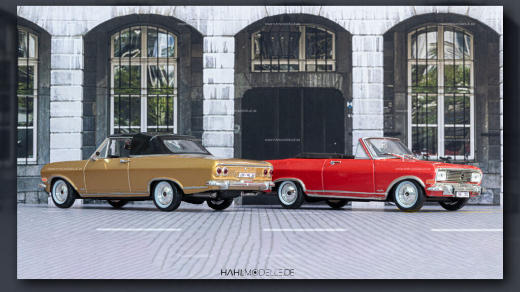 2 x Opel Rekord B, Cabriolet (Deutsch), gold und rot, Code-3 (Basis: Ixo), hahlmodelle.de