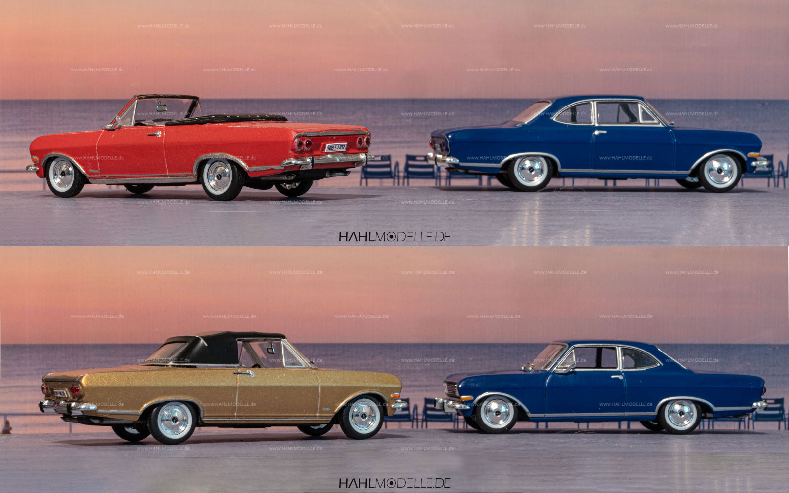 2 x Opel Rekord B, Cabriolet (Deutsch), gold und rot, Code-3 (Basis: Ixo), hahlmodelle.de