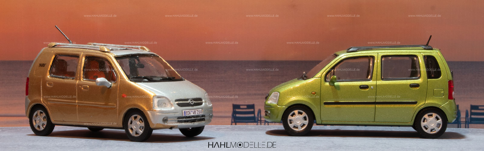 Opel Agila A „NjOY“, MicroVan, silber/gold, Code-3 (Basis: Minichamps), hahlmodelle.de