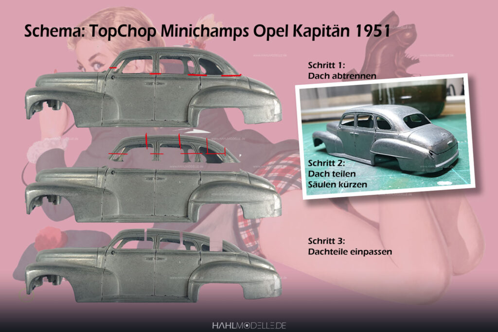 Opel Kapitän 1951, Limousine TopChop, pink, Code-3 (Basis: Minichamps), hahlmodelle.de