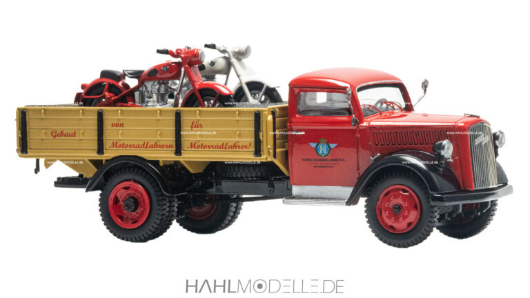 Opel Blitz 3 to Lastkraftwagen „Horex“, Pritschenwagen, rot/beige, Schuco, hahlmodelle.de